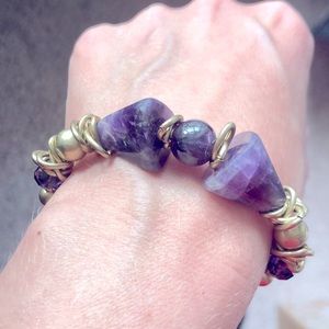 Artisan rough cut polished Amethyst bolo adjustable length gold tone bracelet